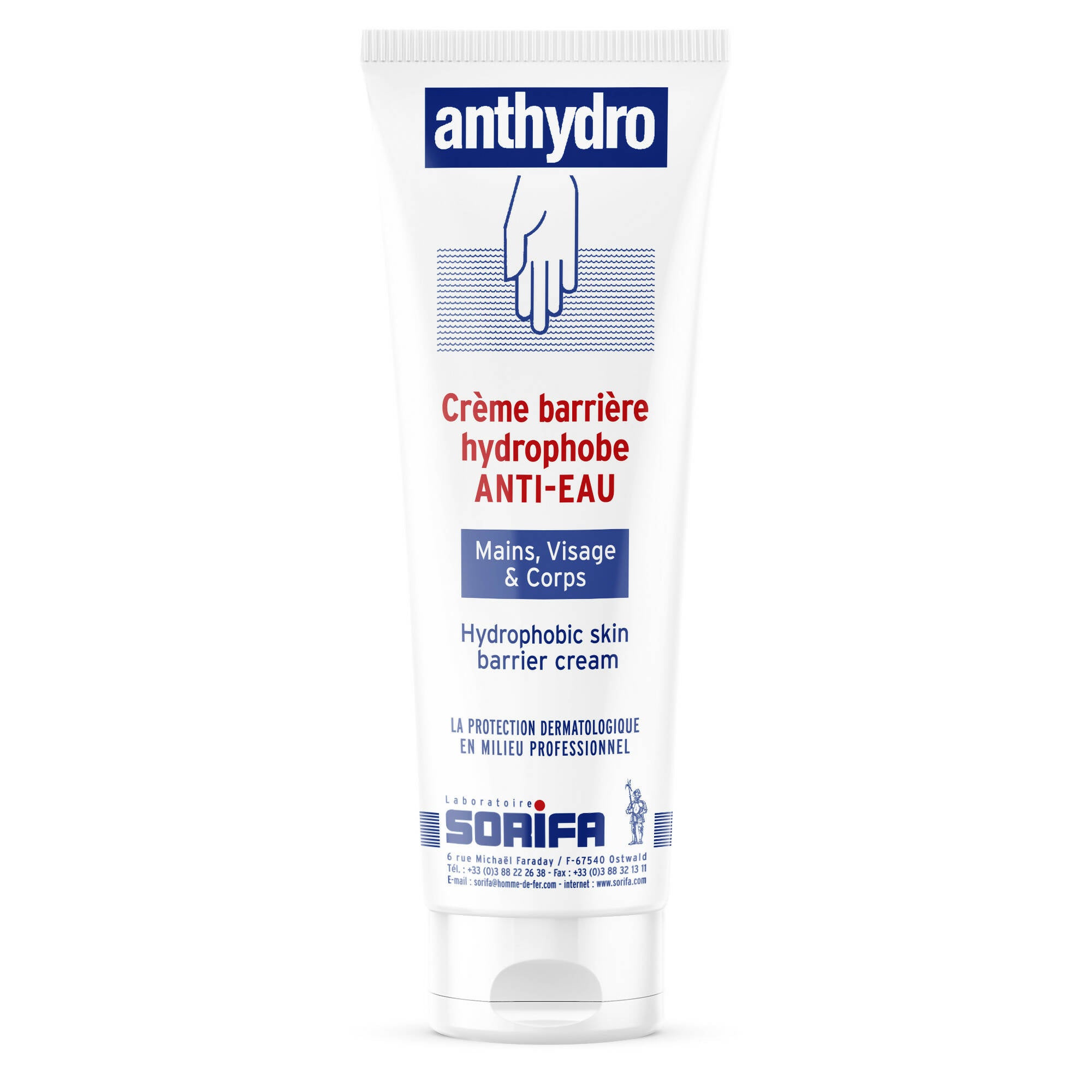 SORIFA - ANTHYDRO - Crème Barrière - Protection ANTI-EAU – ANTI-FROTTEMENT - Mains, visage et corps – Haute tolérance - Sans parfum -Tube 125 ml - Clicktofournisseur.com