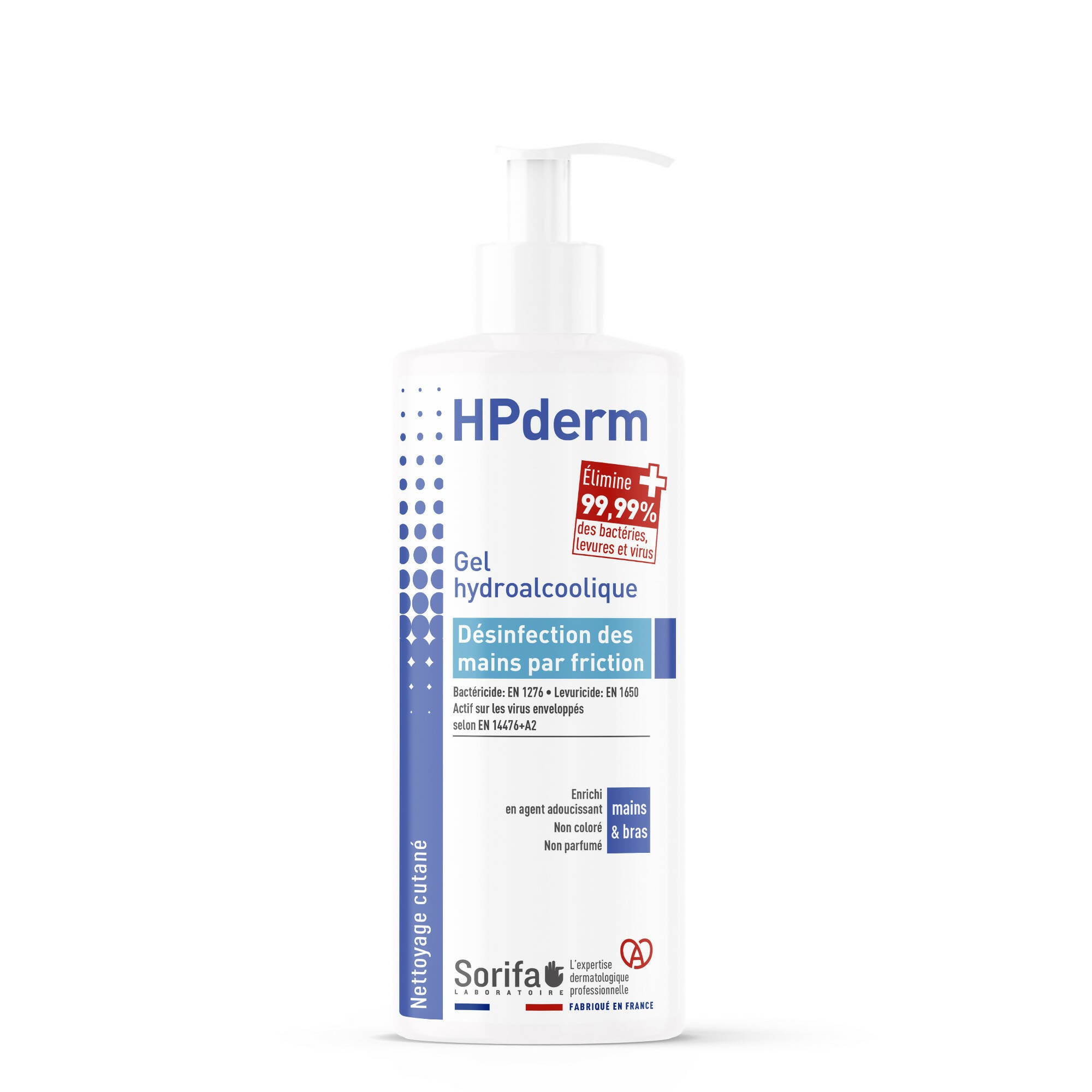 SORIFA – HPderm Gel hydroalcoolique - Désinfection des mains par friction - Mains, bras - Enrichi en glycérine - Sans parfum – Flacon pompe 500 ml - Clicktofournisseur.com