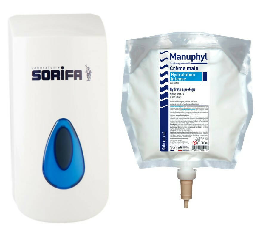 SORIFA - Complete box of 2 - Manuphyl Intense Hydration Hand Cream - Moisturizing and protective - Dry and sensitive hands - Non-greasy, fragrance-free, enriched with Allantoin and wheat proteins - 800 ml bag for SORIBAG dispenser