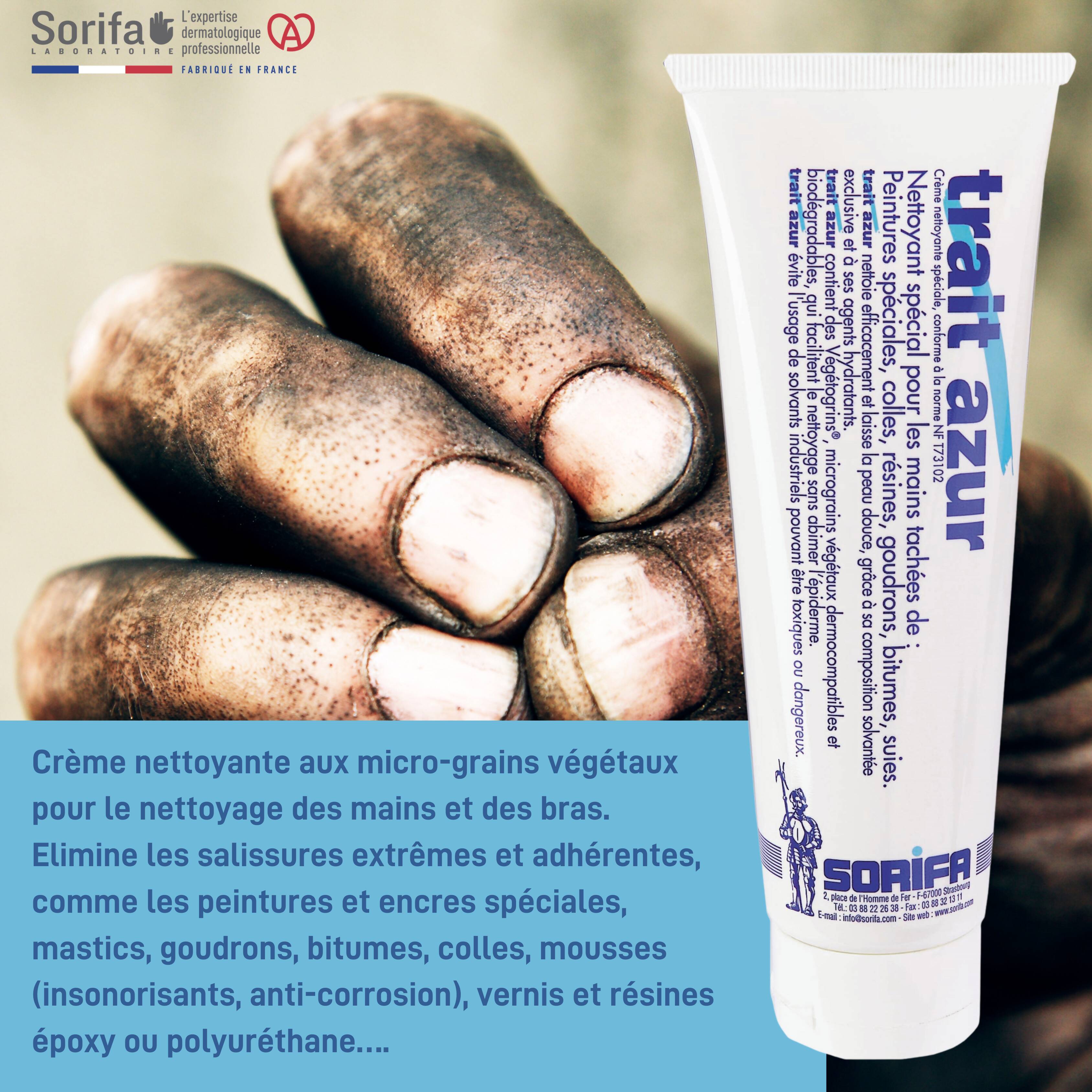 SORIFA - HPderm Crème nettoyante aux Végétogrins Force 5 – Mains, bras – Salissures extrêmes – Peinture, encre, mastic, goudron, bitume, colle, mousse, résine - Sans savon – Tube 125 ml - Clicktofournisseur.com