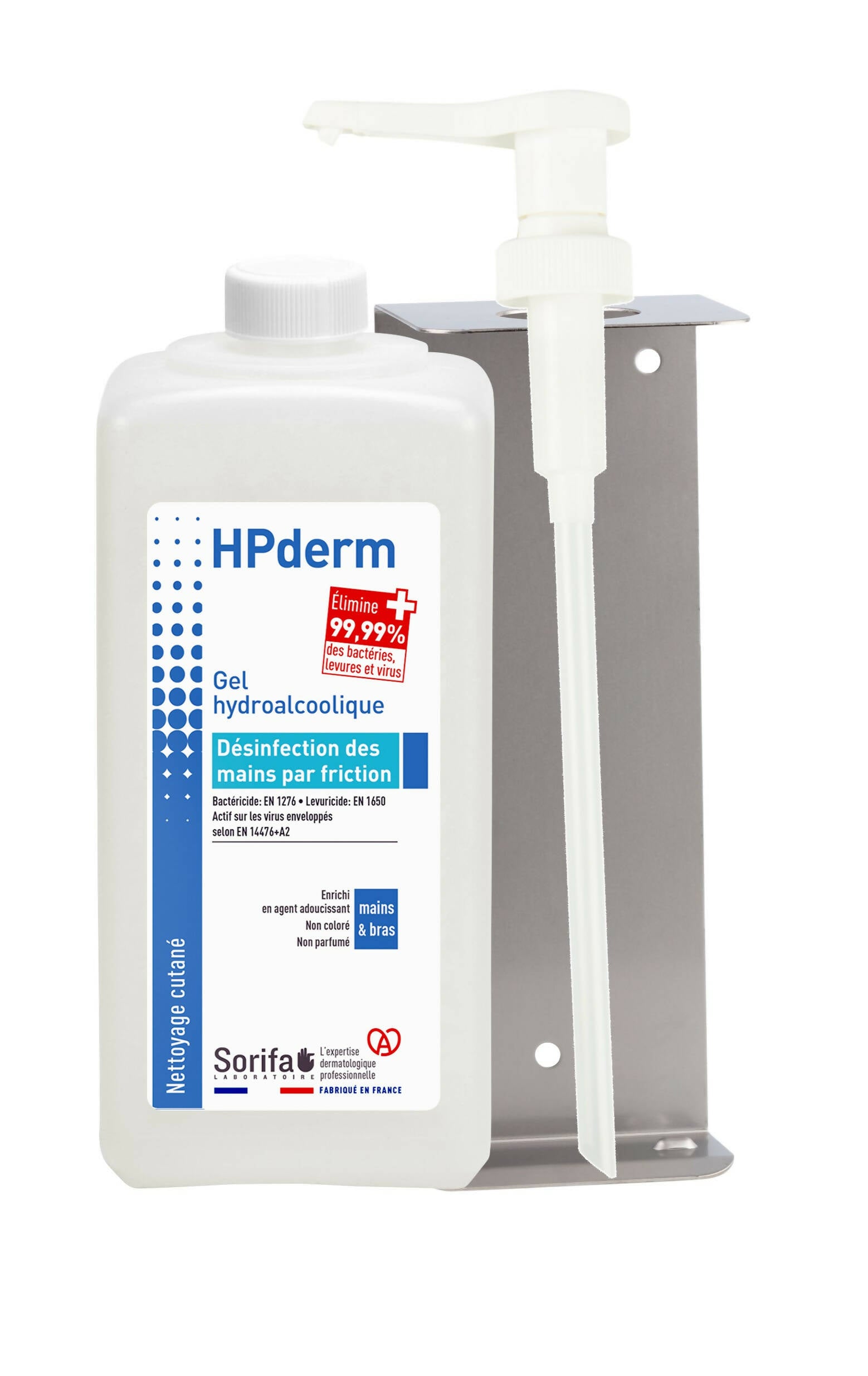 SORIFA – HPderm Gel hydroalcoolique - Désinfection des mains par friction - Mains, bras - Enrichi en glycérine - Sans parfum – Flacon 1L - Clicktofournisseur.com