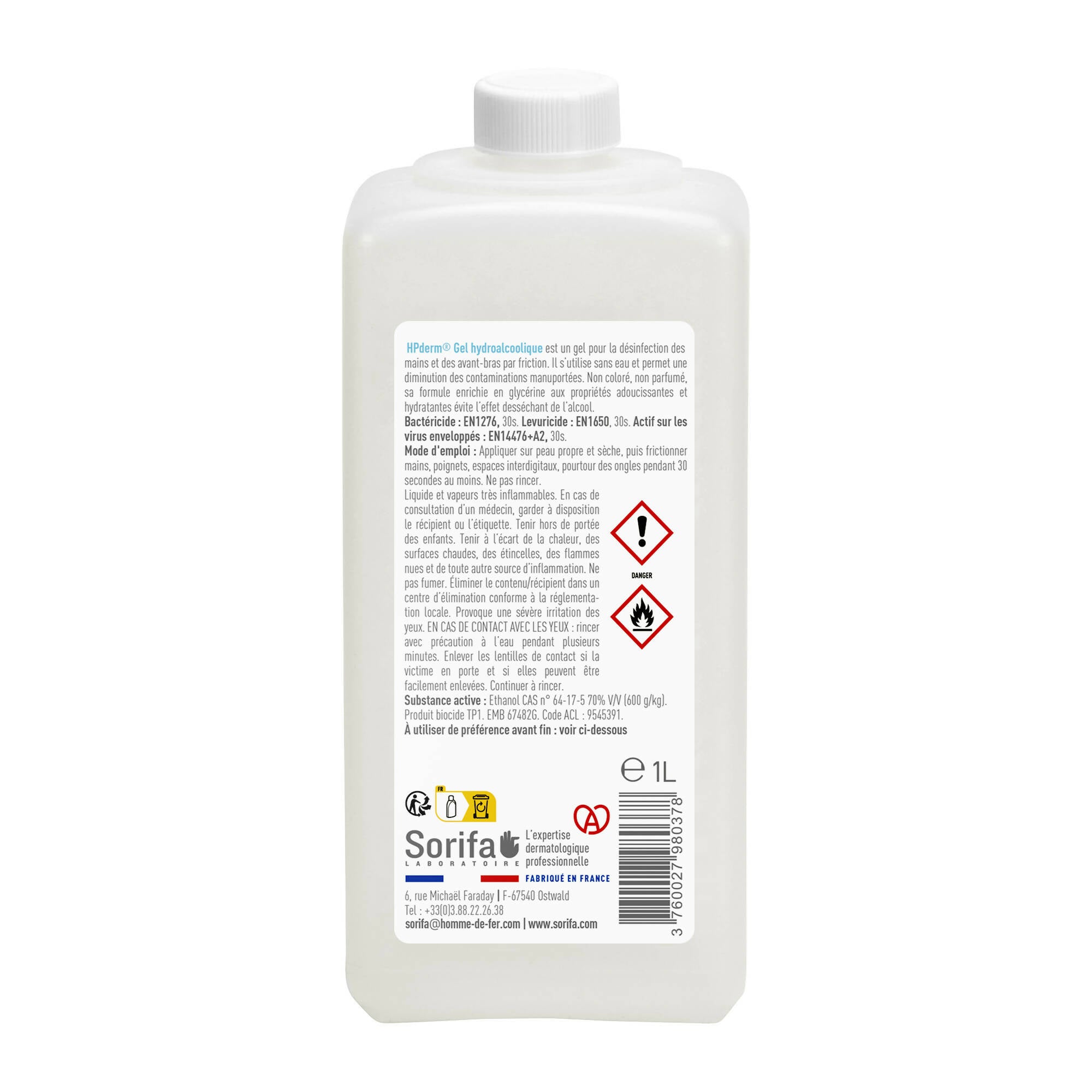 SORIFA – HPderm Hydroalkoholisches Gel – Händedesinfektion durch Reibung – Hände, Arme – Angereichert mit Glycerin – Ohne Duftstoffe – 1-Liter-Flasche