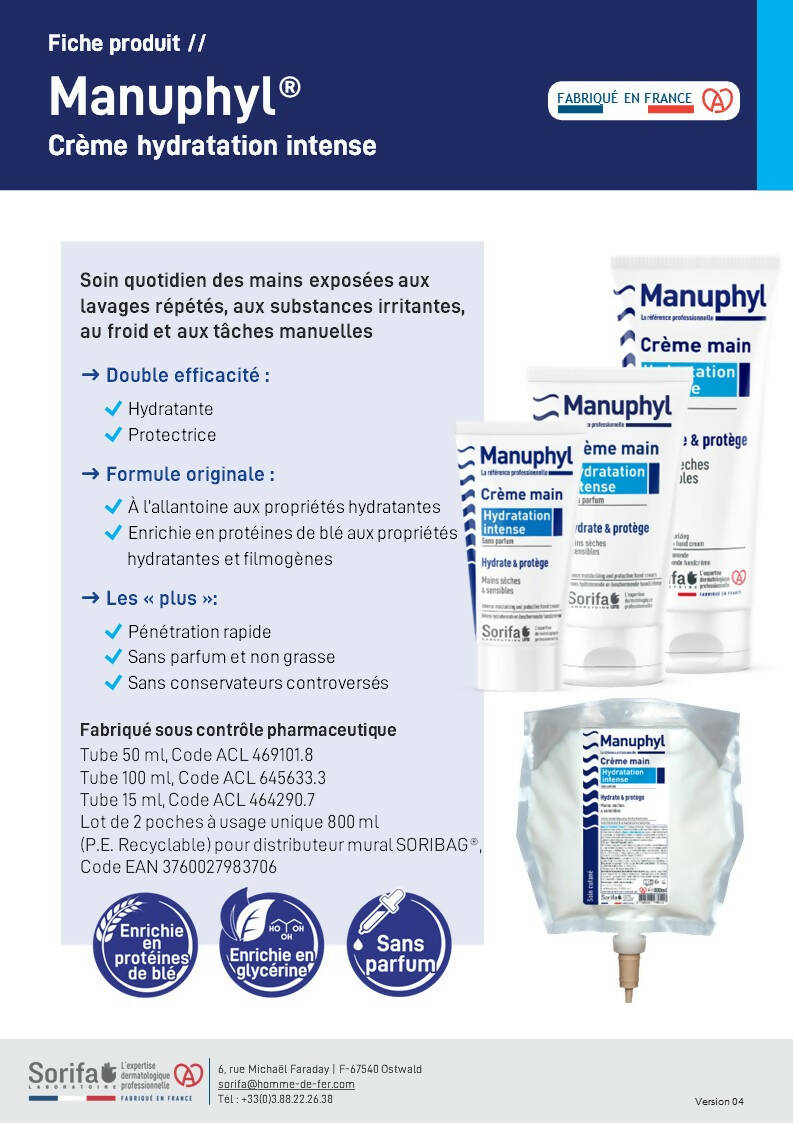 SORIFA - Manuphyl Crème mains Hydratation Intense - Hydratante et protectrice - Mains sèches et sensibles - Non grasse, sans parfum, enrichie en allantoine et protéines de blé - Poche 800 ml pour distributeur SORIBAG