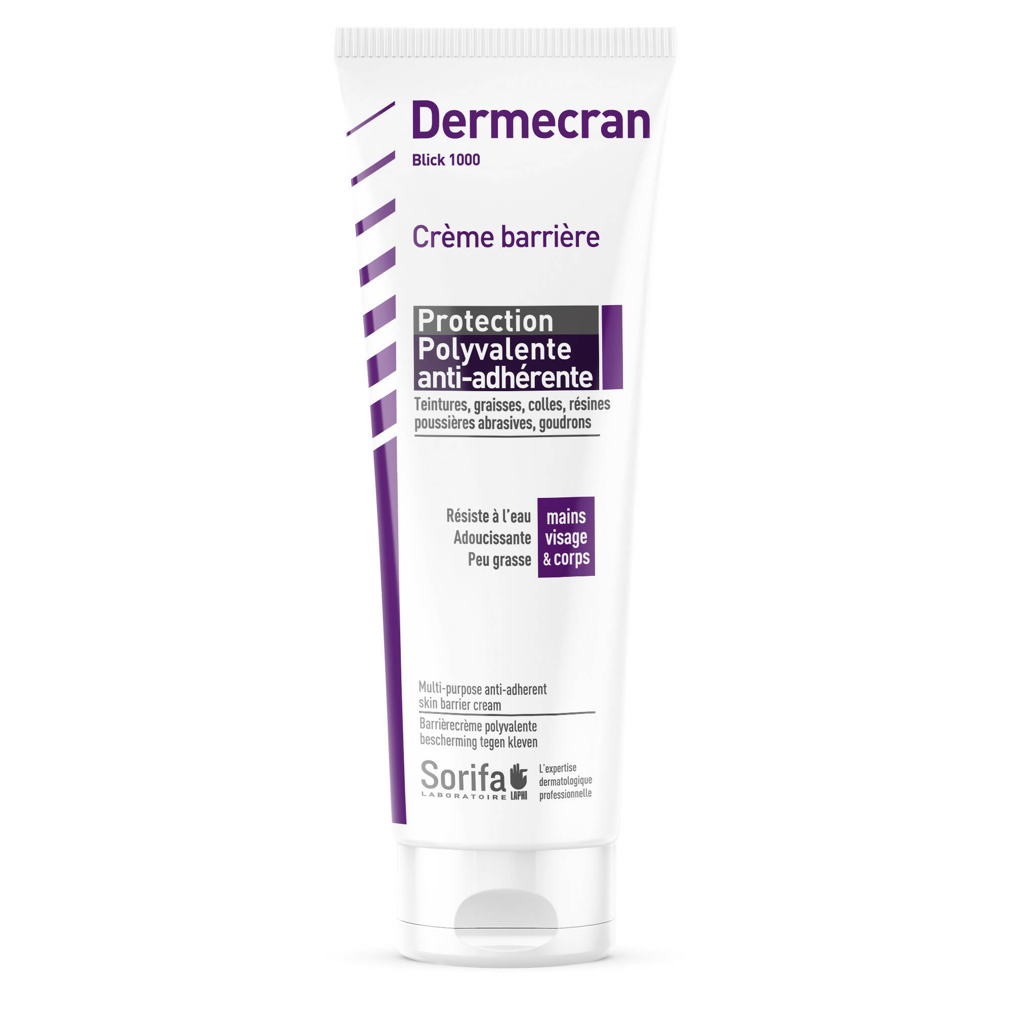 SORIFA - Dermécran - Crème Barrière - Protection polyvalente ANTI-ADHERENTE / Blick 1000 - Mains, visage et corps – Haute tolérance - Sans parfum -Tube 125 ml. - Clicktofournisseur.com