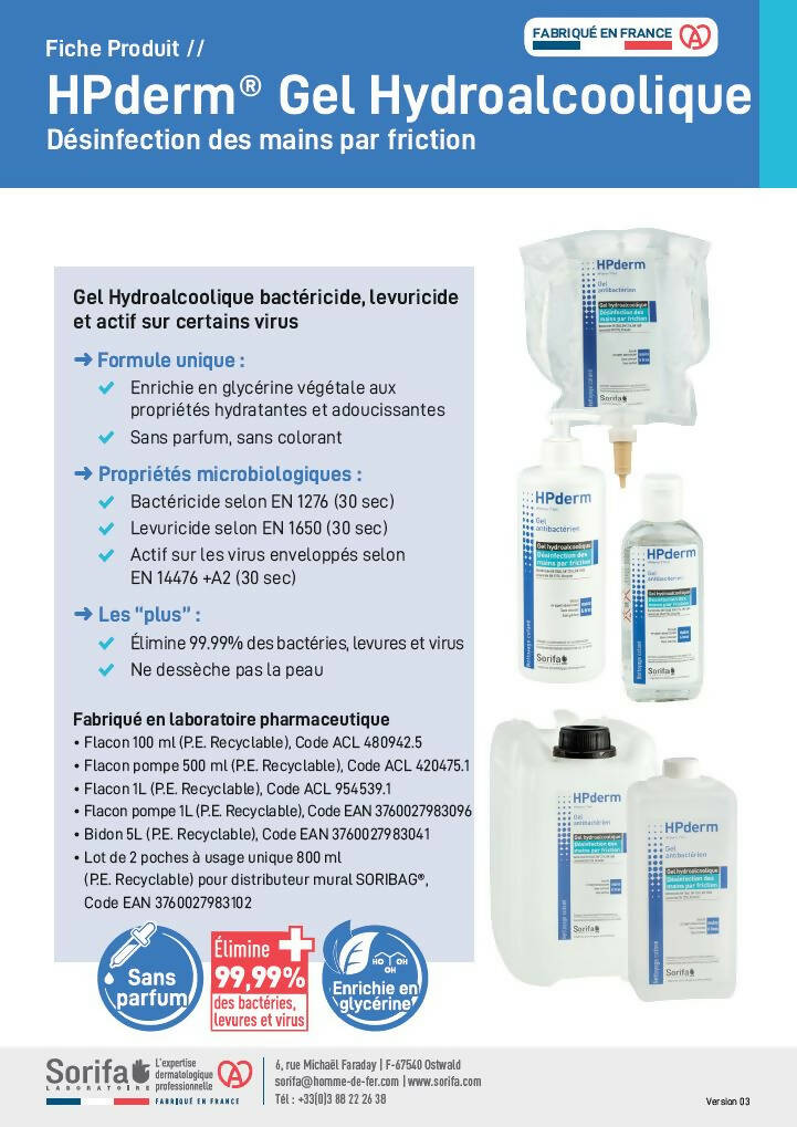 SORIFA - Carton complet de 45 - HPderm Gel hydroalcoolique pour la désinfection des mains - Flacon 100 ml