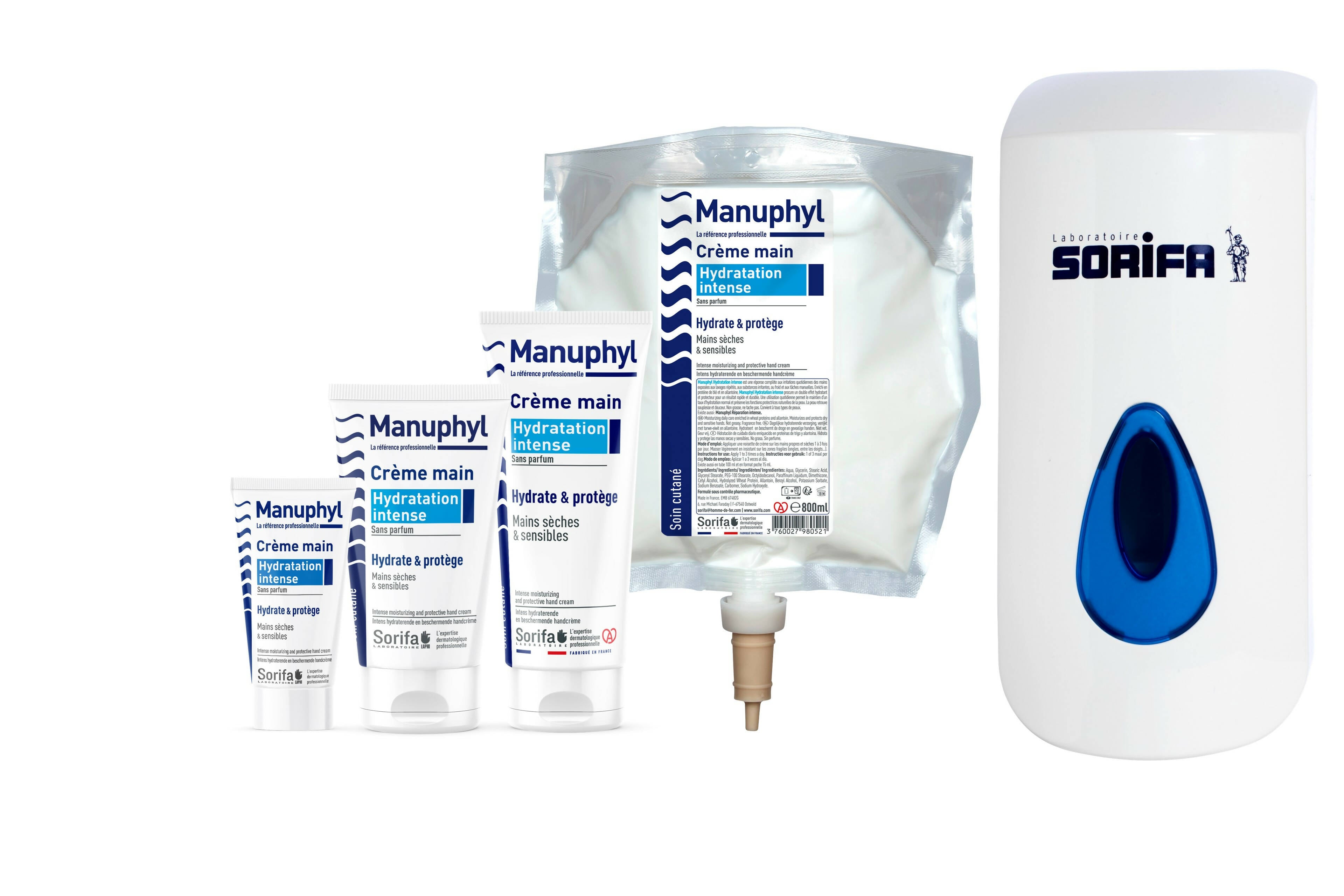 SORIFA - Lot de 1 distributeur SORIBAG + 1 poche 800 ml - Manuphyl Crème mains Hydratation Intense - Hydratante et protectrice- Mains sèches et sensibles - Non grasse, sans parfum - Clicktofournisseur.com