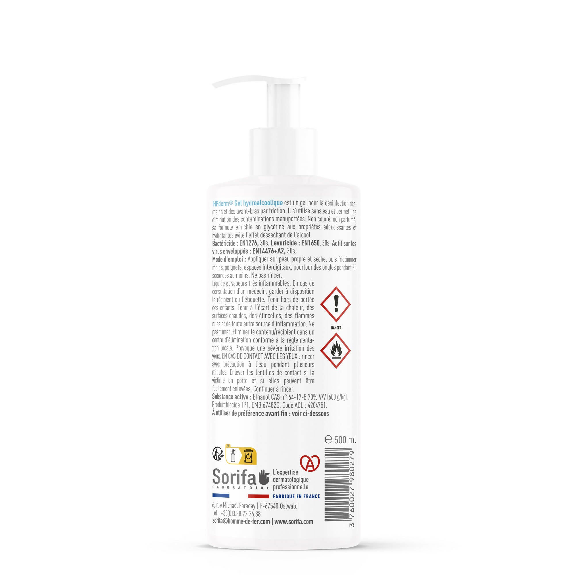 SORIFA – HPderm Gel hydroalcoolique - Désinfection des mains par friction - Mains, bras - Enrichi en glycérine - Sans parfum – Flacon pompe 500 ml - Clicktofournisseur.com