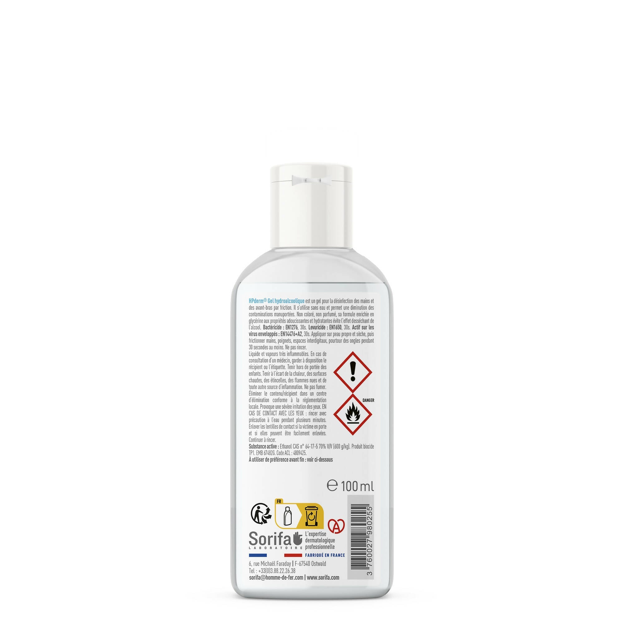 SORIFA - Carton complet de 45 - HPderm Gel hydroalcoolique pour la désinfection des mains - Flacon 100 ml