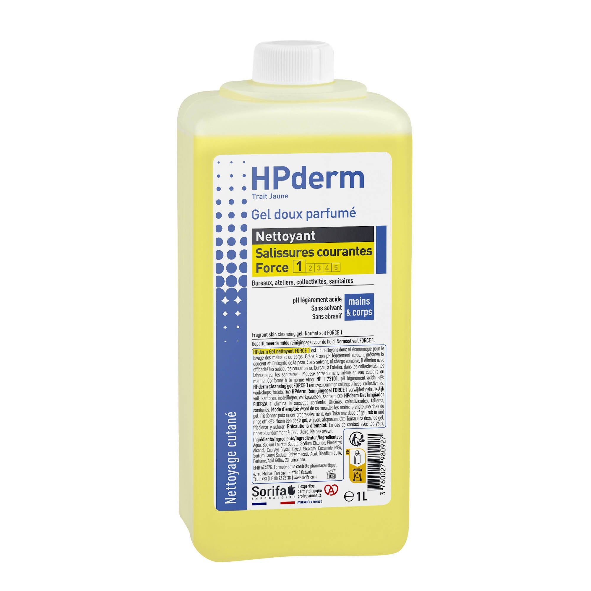 SORIFA - HPderm Gel nettoyant doux parfumé – Force 1 - Mains et corps – Salissures courantes - Bureaux, ateliers, collectivités, sanitaires – Parfum citron -Sans savon - Flacon 1L - Clicktofournisseur.com