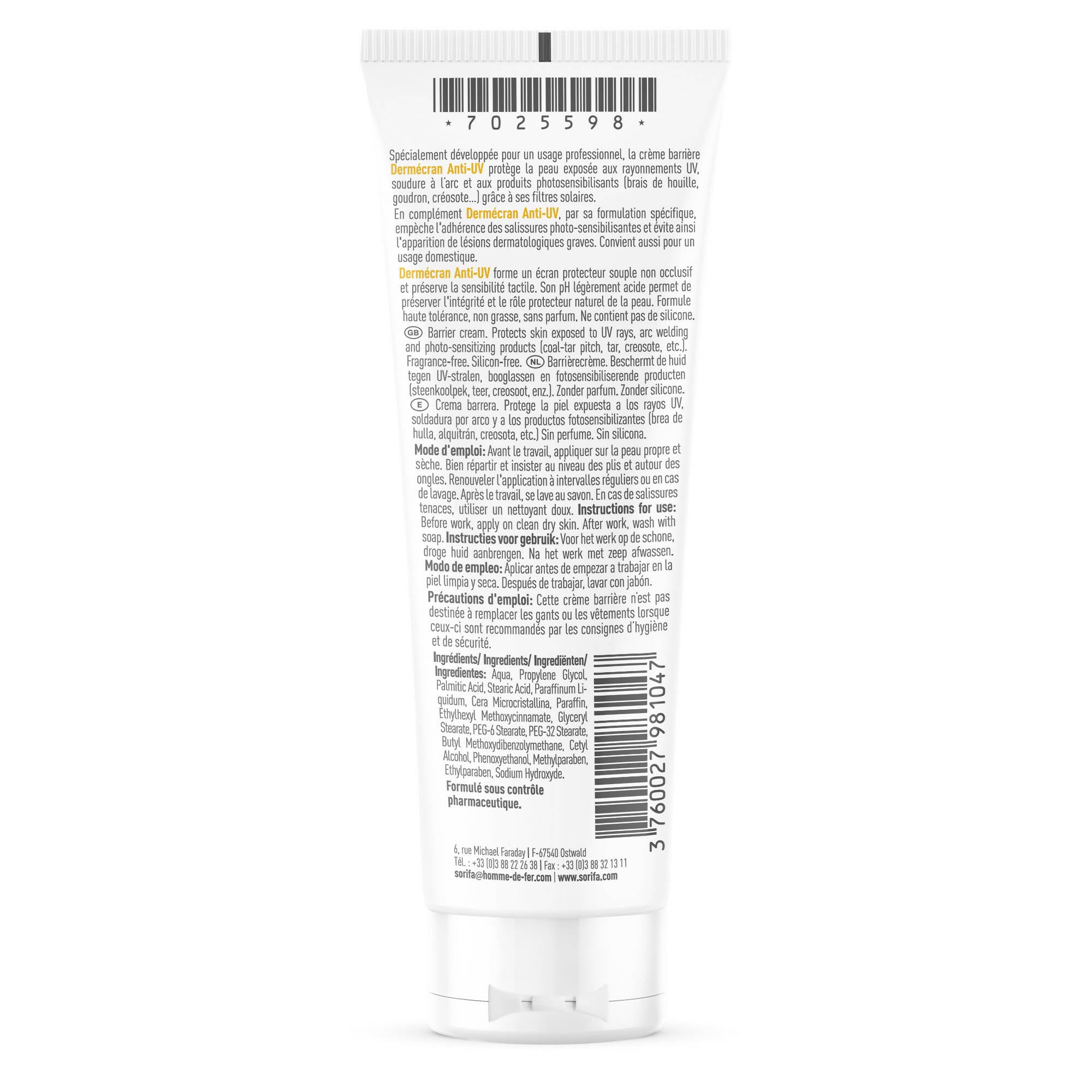 SORIFA - Dermécran – Crème barrière - Protection ANTI-UV / Delta P10 – Soudure – Produits photo-sensibilisants – Mains, visage et corps – Haute tolérance – Tube 125 ml. - Clicktofournisseur.com