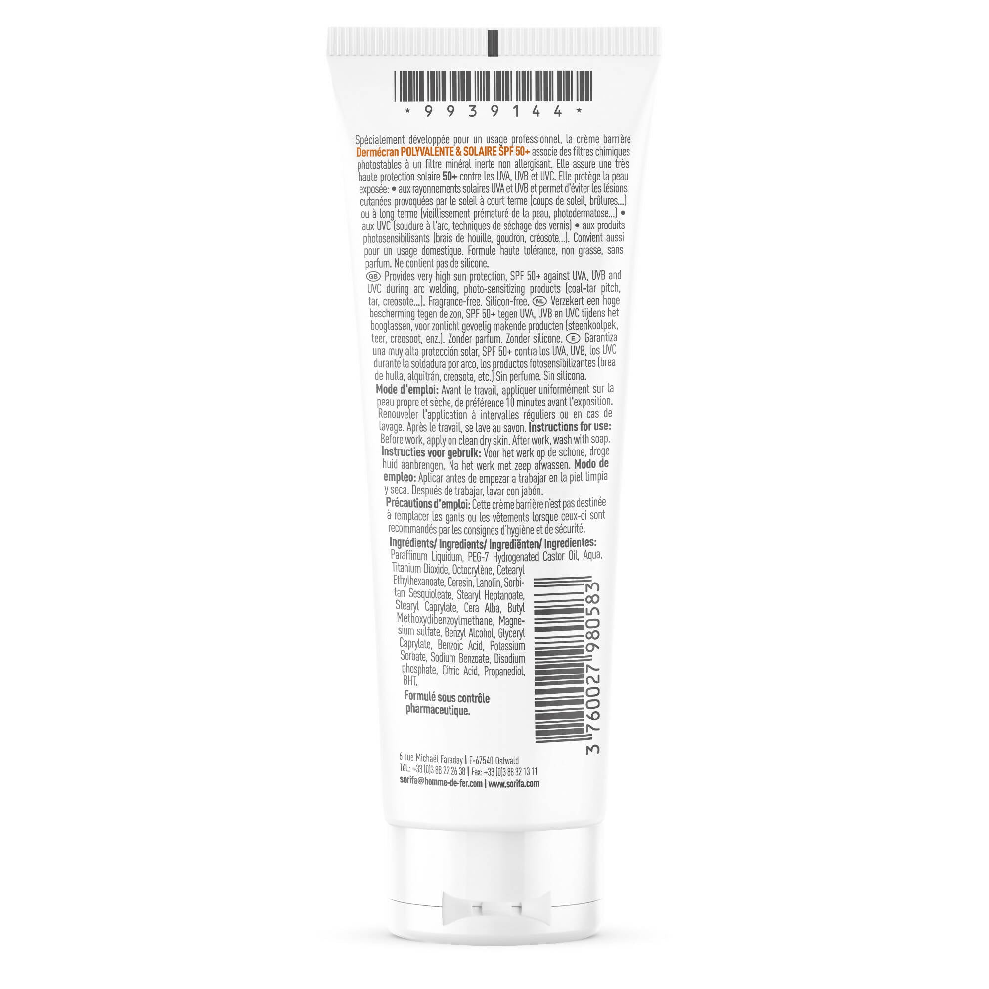 SORIFA - Dermécran – Crème barrière - Protection polyvalente et solaire SPF50+ – UV, peinture, solvant, huile, brai, créosote, goudron – Mains, visage, corps – Sans parfum – Tube 100 ml. - Clicktofournisseur.com