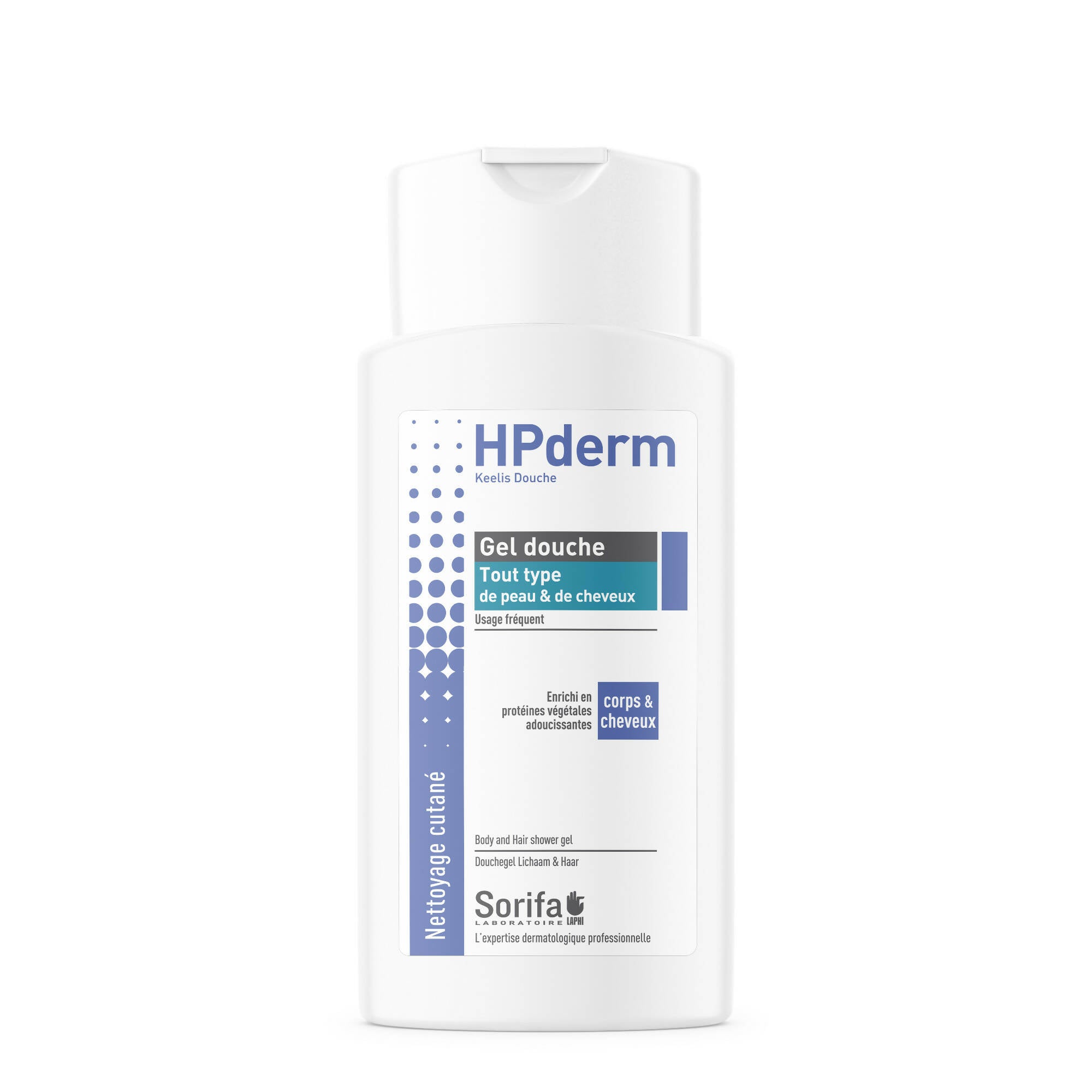 SORIFA - HPderm Gel douche - 2 en 1 corps et cheveux - Dermo-protecteur - Tout type de peau et cheveux- aux protéines d’avoine - Usage fréquent - pH neutre, sans savon - Flacon 200 ml - Clicktofournisseur.com