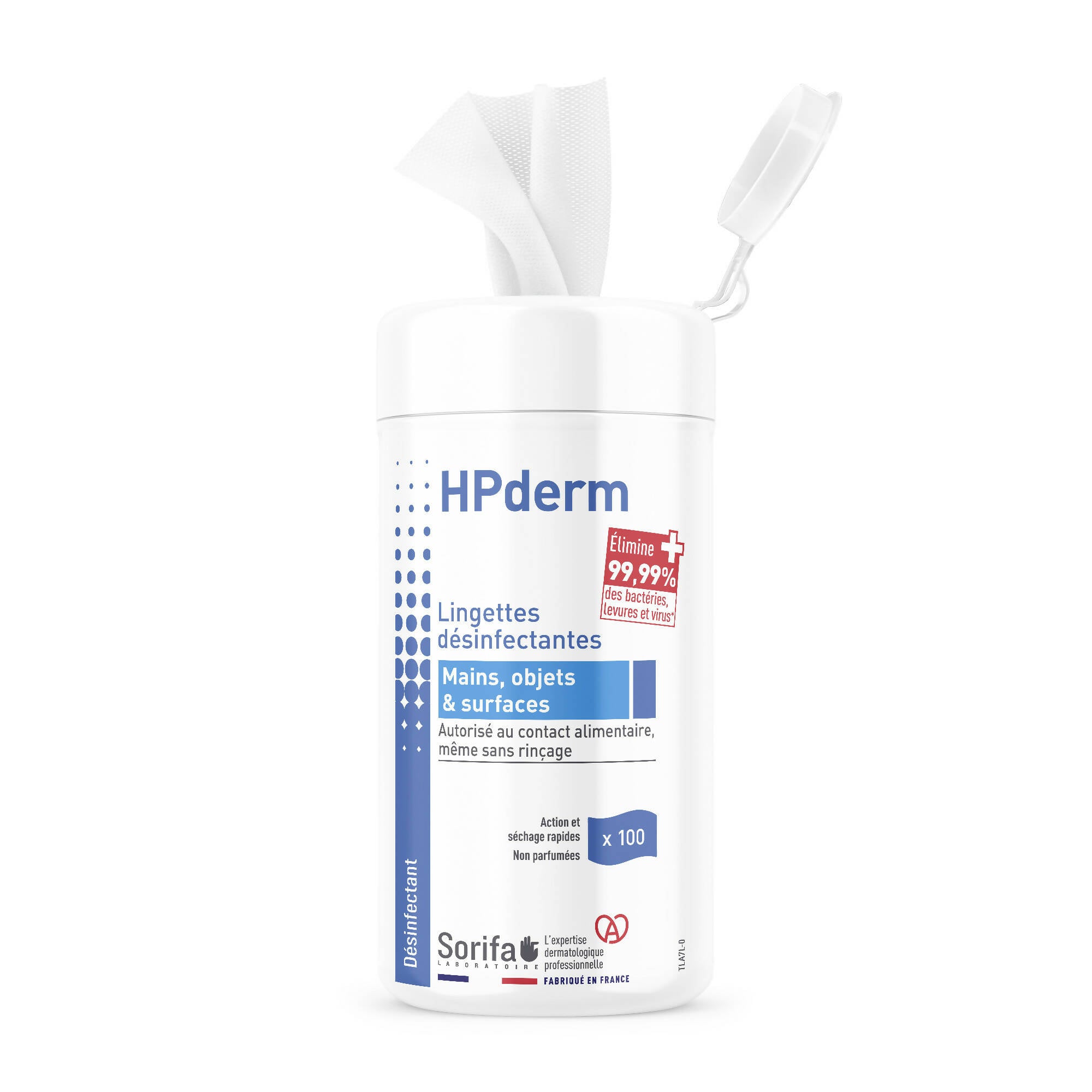 SORIFA – HPderm Lingettes désinfectantes - Désinfection des mains, surfaces, objets et dispositifs de classe 1 - Autorisé au contact alimentaire sans rinçage - Boite de 100 lingettes - Clicktofournisseur.com