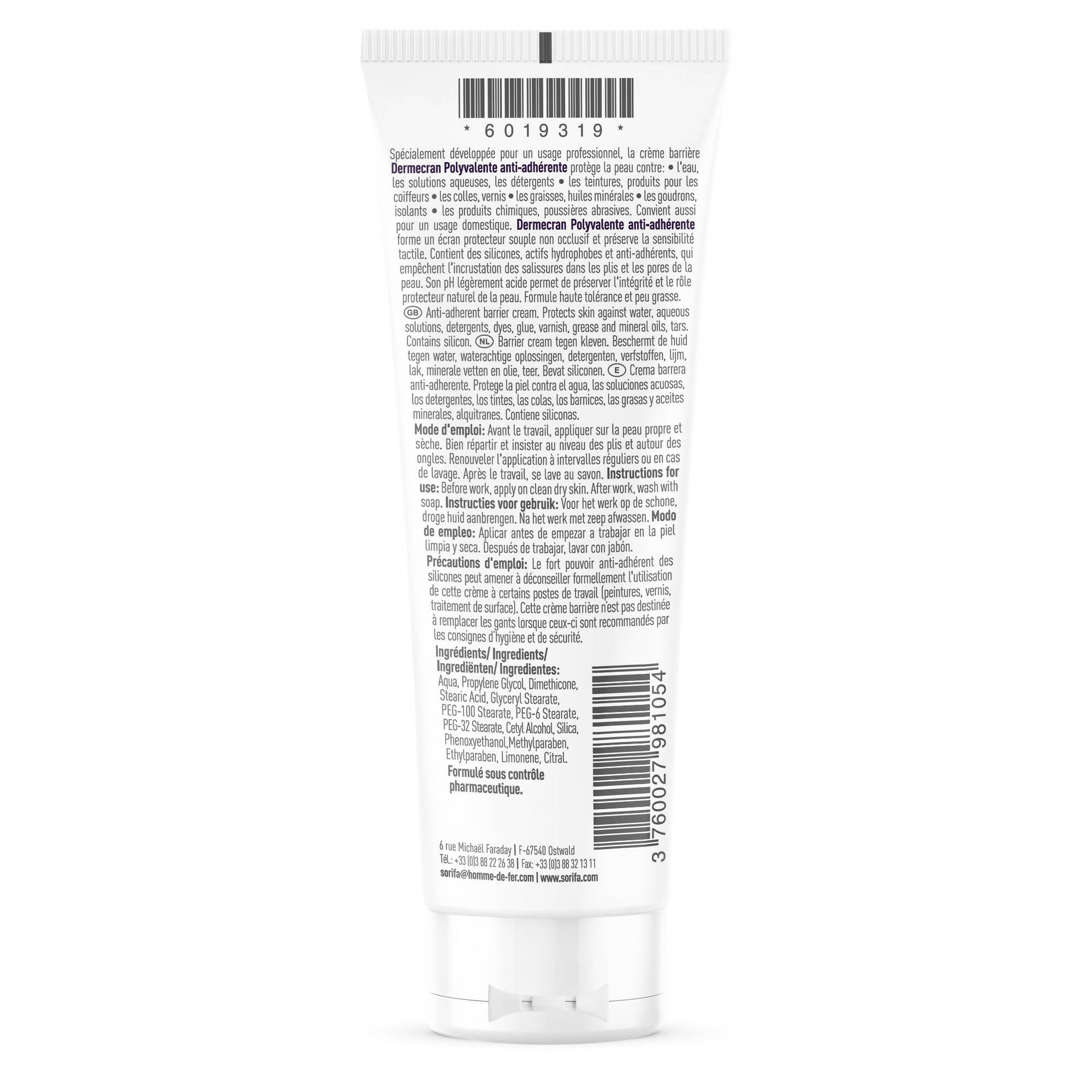 SORIFA - Carton complet de 24 - Dermécran - Crème Barrière - Protection polyvalente ANTI-ADHERENTE / Blick 1000 - Mains, visage et corps – Haute tolérance - Sans parfum -Tube 125 ml.