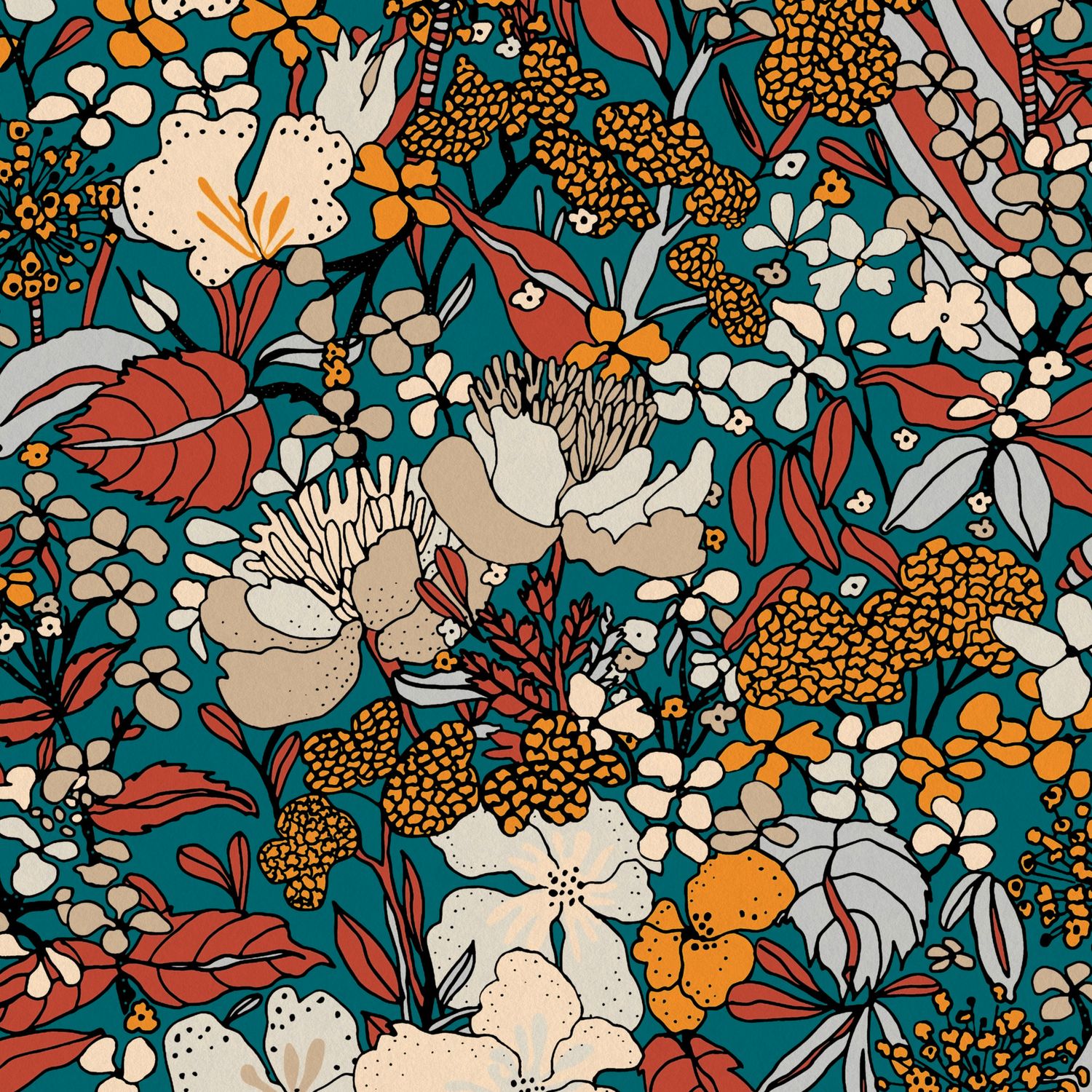 Floral wallpaper Profhome 377562-GU smooth non-woven wallpaper with a matt floral design petrol blue beige orange 5.33 m2