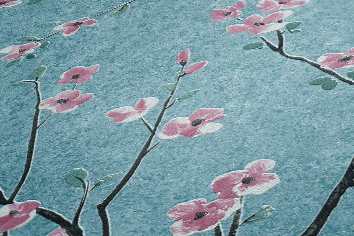 Floral wallpaper Profhome 379123-GU lightly textured non-woven wallpaper with a matt floral design turquoise pink black gray 5.33 m2