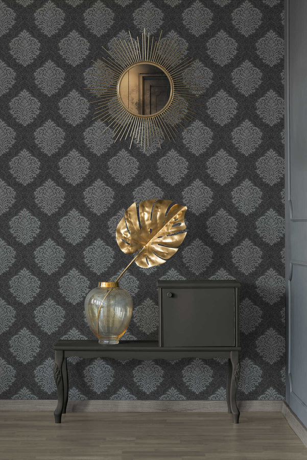 Baroque wallpaper Profhome 324804-GU smooth non-woven wallpaper in baroque style matt silver black gray 5.33 m2