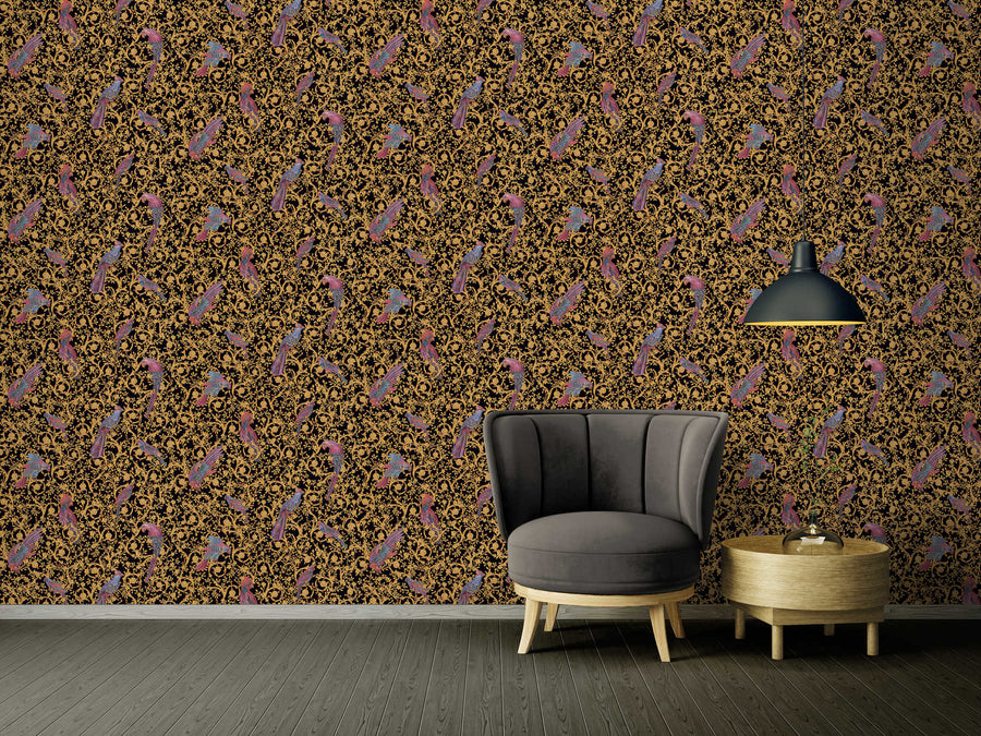 Exclusive luxury wallpaper Profhome 370531-GU textured non-woven wallpaper in shiny baroque style gold black yellow 7.035 m2