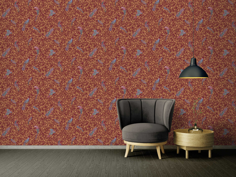 Exclusive luxury wallpaper Profhome 370534-GU textured non-woven wallpaper in shiny baroque style red gold blue 7.035 m2