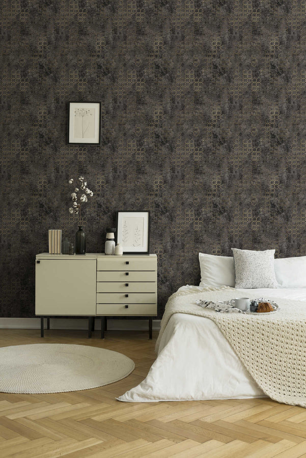 Graphic pattern wallpaper Profhome 374246-GU lightly textured non-woven wallpaper glossy design black gold 5.33 m2