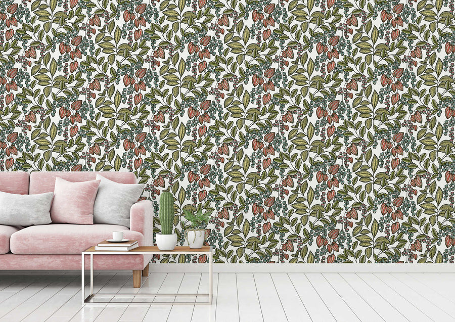 Floral wallpaper Profhome 377545-GU smooth non-woven wallpaper with a matt floral design white olive green red blue 5.33 m2