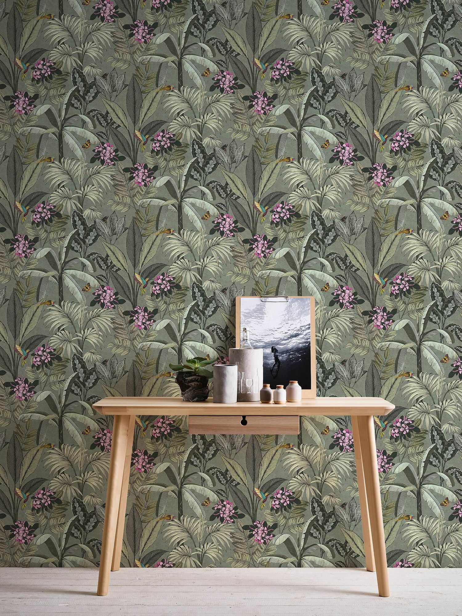 Moitf bird wallpaper Profhome 387382-GU non-woven wallpaper lisee without smooth texture with hummingbirds matte green pink yellow turquoise 5.33 m2