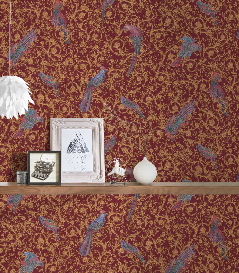 Exclusive luxury wallpaper Profhome 370534-GU textured non-woven wallpaper in shiny baroque style red gold blue 7.035 m2