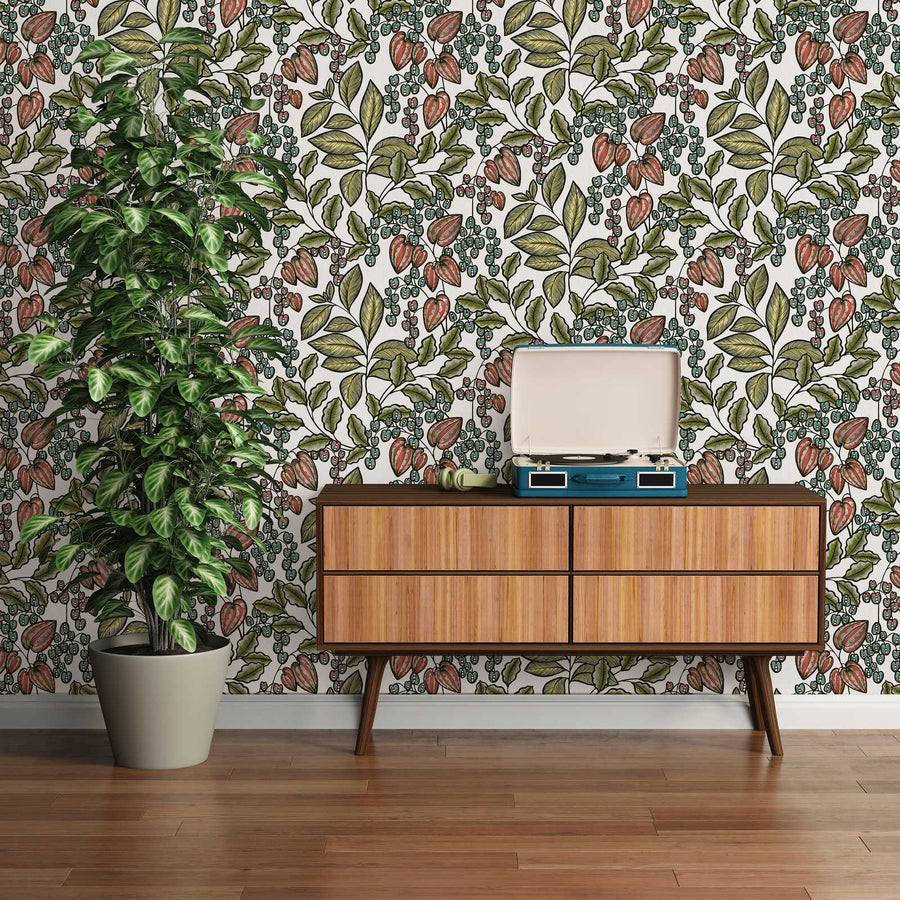 Floral wallpaper Profhome 377545-GU smooth non-woven wallpaper with a matt floral design white olive green red blue 5.33 m2