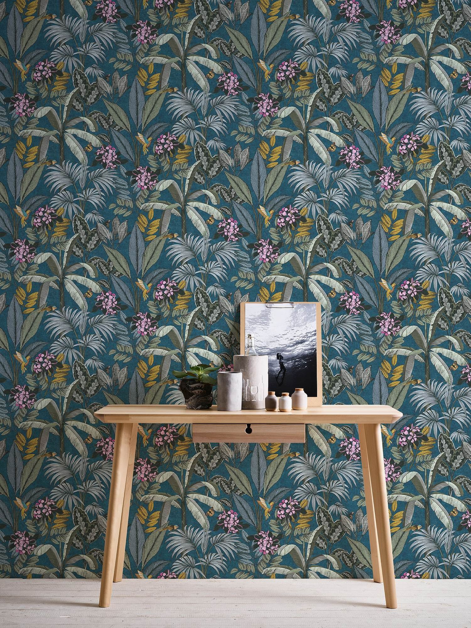 Moitf bird wallpaper Profhome 387383-GU non-woven wallpaper lisee without smooth texture with hummingbirds matte blue green yellow gray 5.33 m2