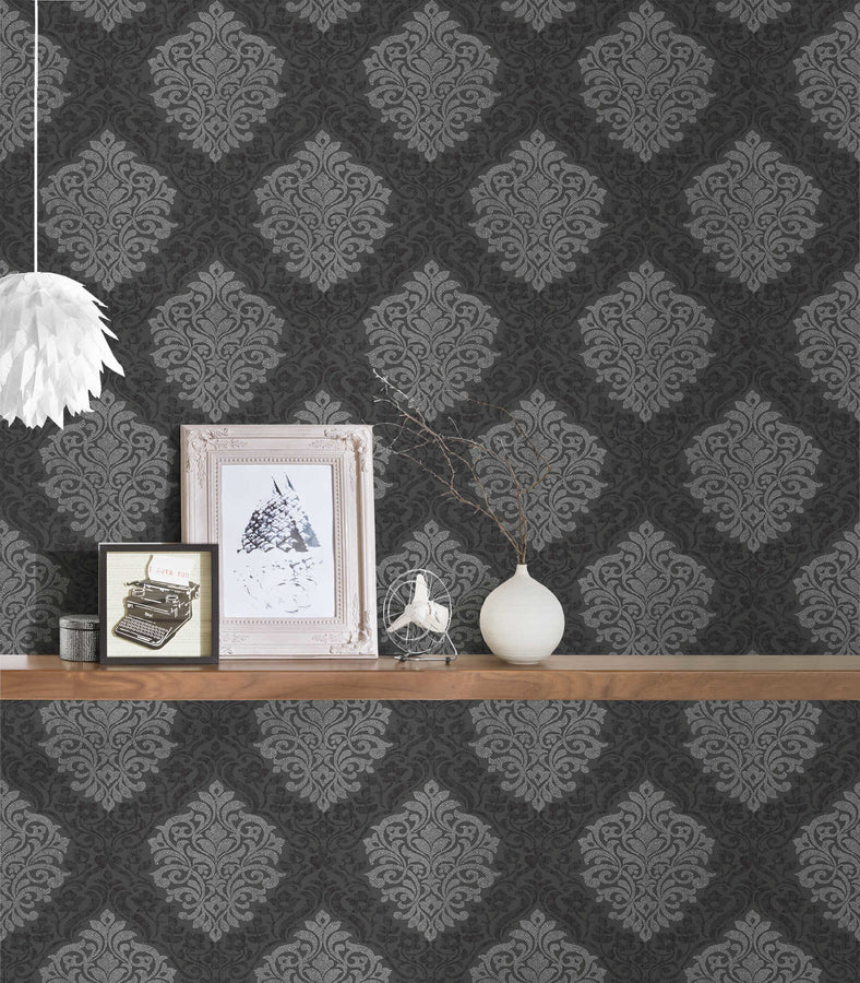 Baroque wallpaper Profhome 324804-GU smooth non-woven wallpaper in baroque style matt silver black gray 5.33 m2