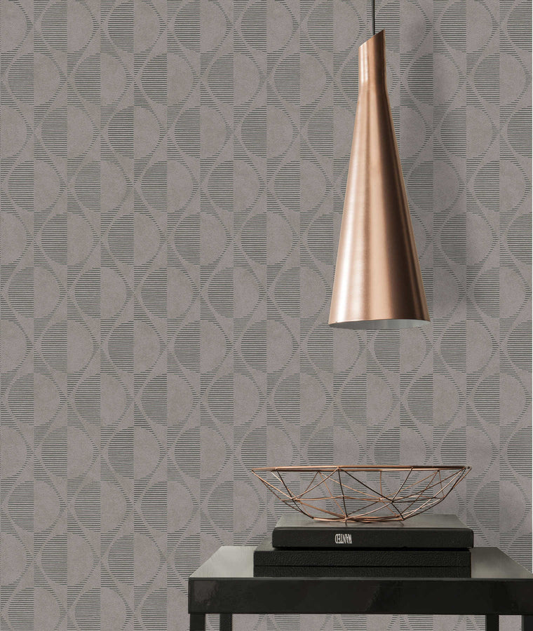 Grafische Mustertapete Profhome 374785-GU leicht strukturierte Vliestapete mit geometrischen Figuren glänzend grau beige schwarz 5,33 m2