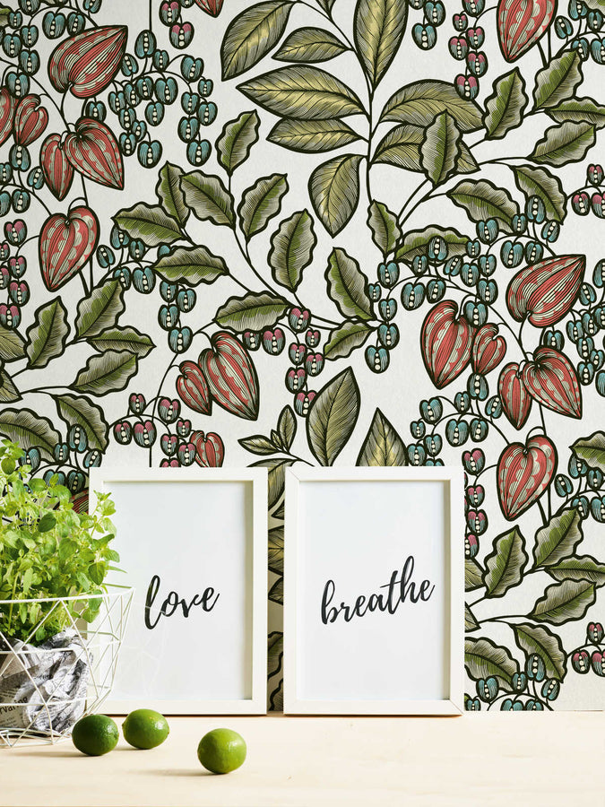 Floral wallpaper Profhome 377545-GU smooth non-woven wallpaper with a matt floral design white olive green red blue 5.33 m2