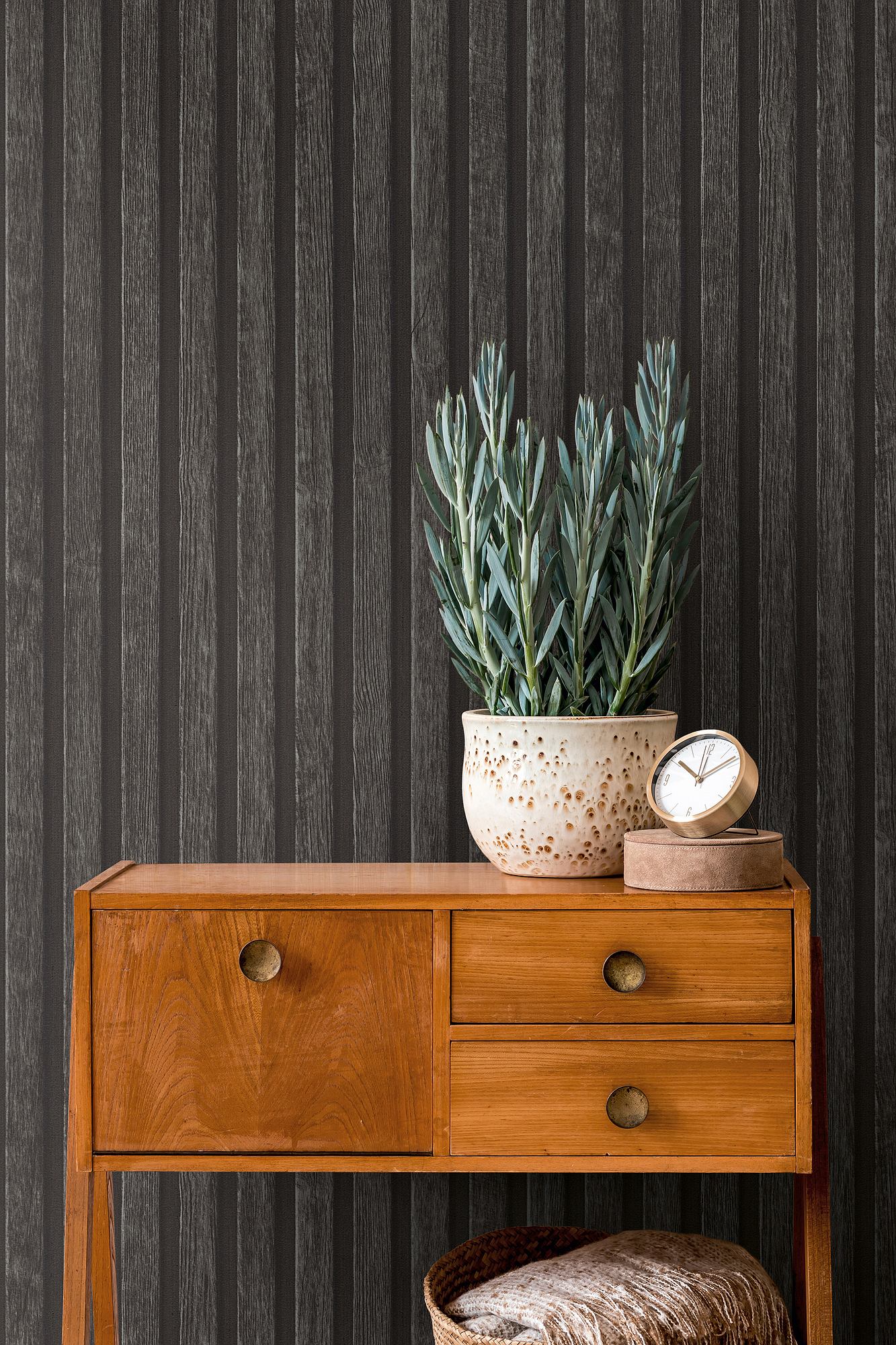 3D wood look wallpaper Profhome 391094-GU textured hot embossed non-woven wallpaper in wood look matt anthracite gray black 5.33 m2