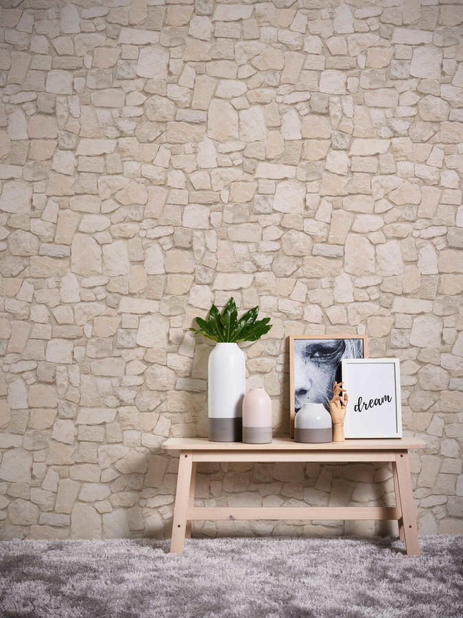 Stone look wallpaper tiles Profhome 692429-GU lightly textured wallpaper with a tangible texture matt cream beige sand 5.33 m2