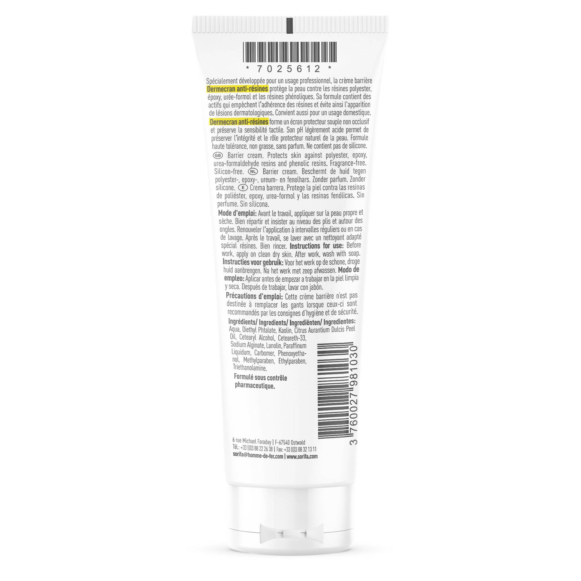 SORIFA - Set of 3 - Dermscreen - Barrier cream - ANTI-RESIN / Polypox protection - POLYESTER - EPOXY - Hands and body - High tolerance - 125 ml tube.