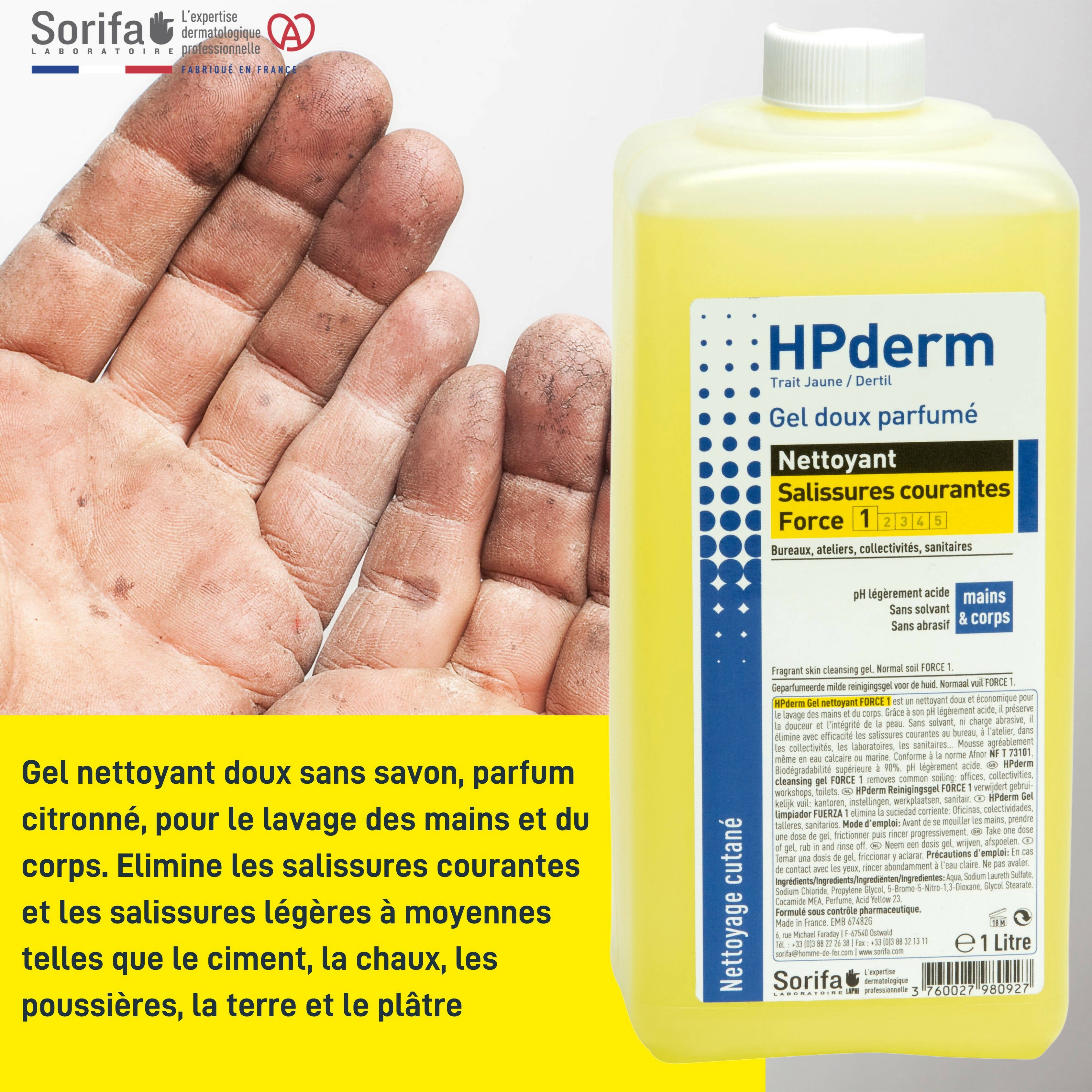 SORIFA - HPderm Gel nettoyant doux parfumé – Force 1 - Mains et corps – Salissures courantes - Bureaux, ateliers, collectivités, sanitaires – Parfum citron -Sans savon - Flacon 1L - Clicktofournisseur.com