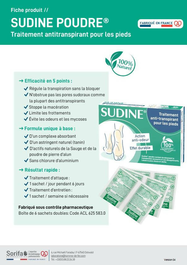 SORIFA - Sudine Powder Antiperspirant Treatment - Foot - Regulates perspiration - Absorbs - Prevents mycoses - Without aluminum salts - Made in France - Box of 100 double sachets