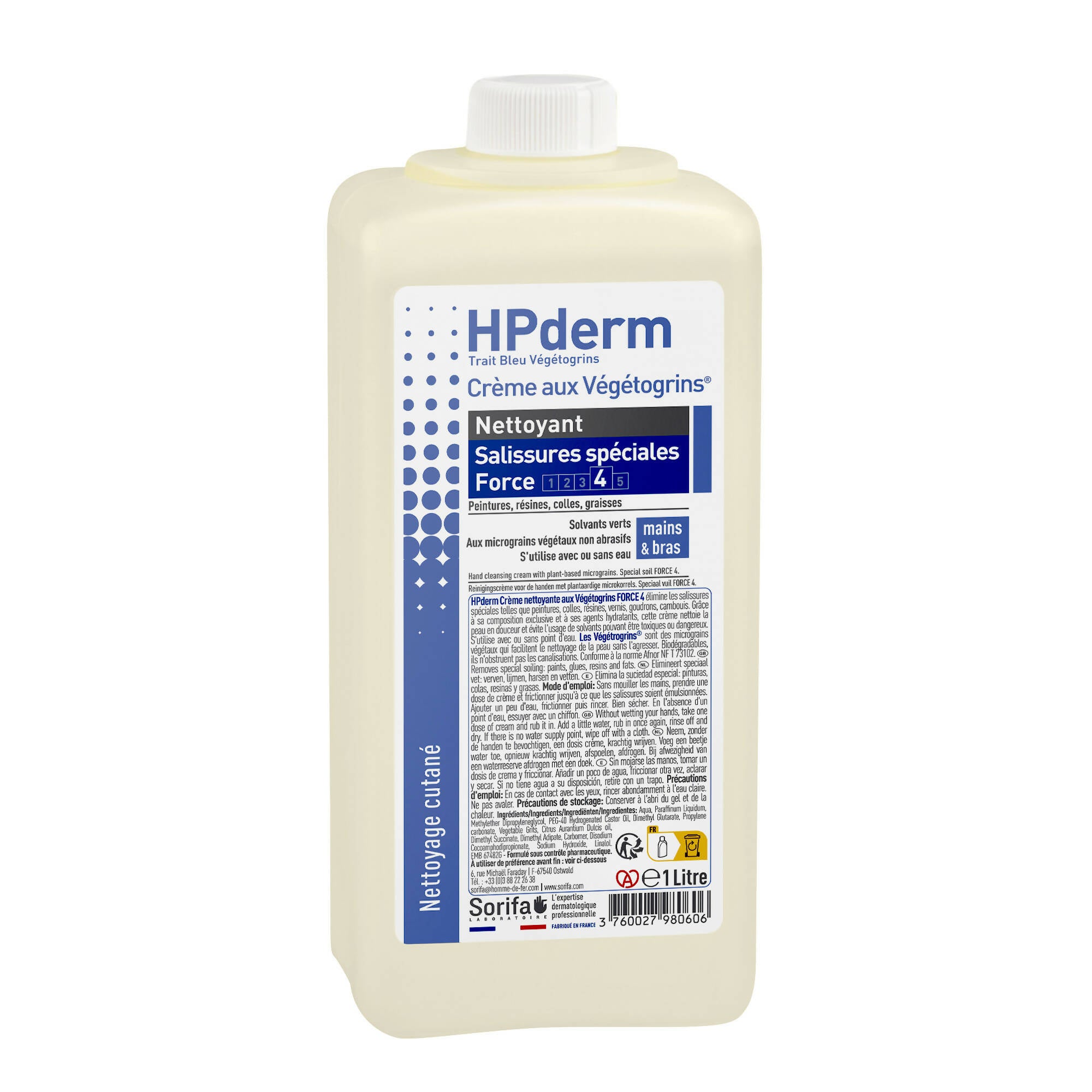 SORIFA - HPderm Crème nettoyante aux Végétogrins Force 4 - Mains et bras – Salissures spéciales – Graisse, peinture, encre, mastic, goudron, colle, mousse - Sans savon – Flacon 1L. - Clicktofournisseur.com