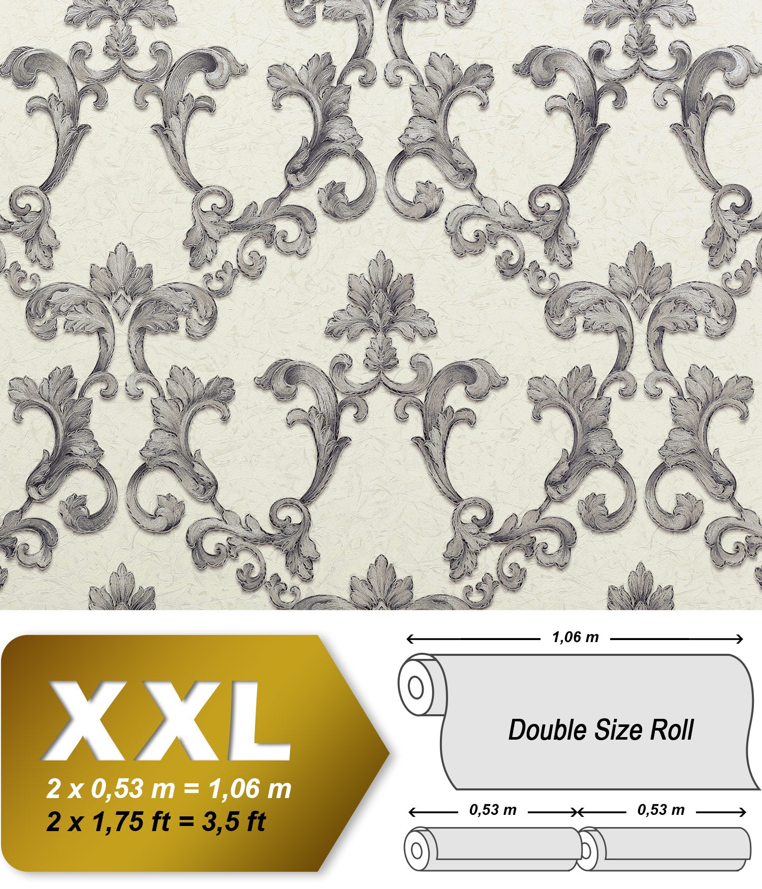 Baroque wallpaper EDEM 9085-27 hot embossed wallpaper with embossed non-woven back with 3D floral ornaments satin white silver gray 10.65 m