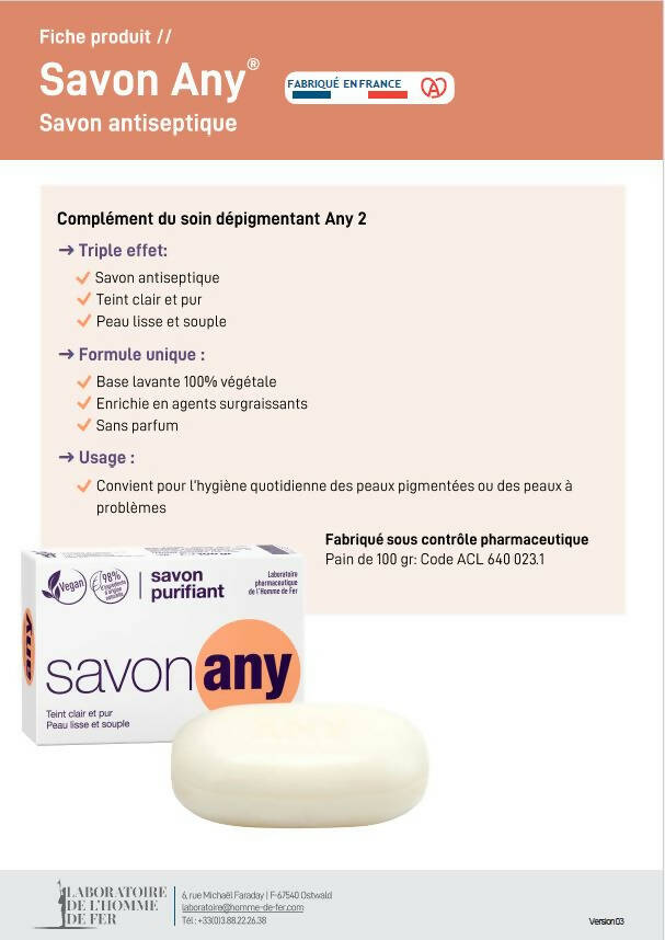 HOMME DE FER – Savon purifiant ANY – Visage et corps – Hygiène quotidienne - Peaux à problèmes – Peaux pigmentées – Base lavante 100% végétale - Sans parfum - Pain 100 gr. - Clicktofournisseur.com