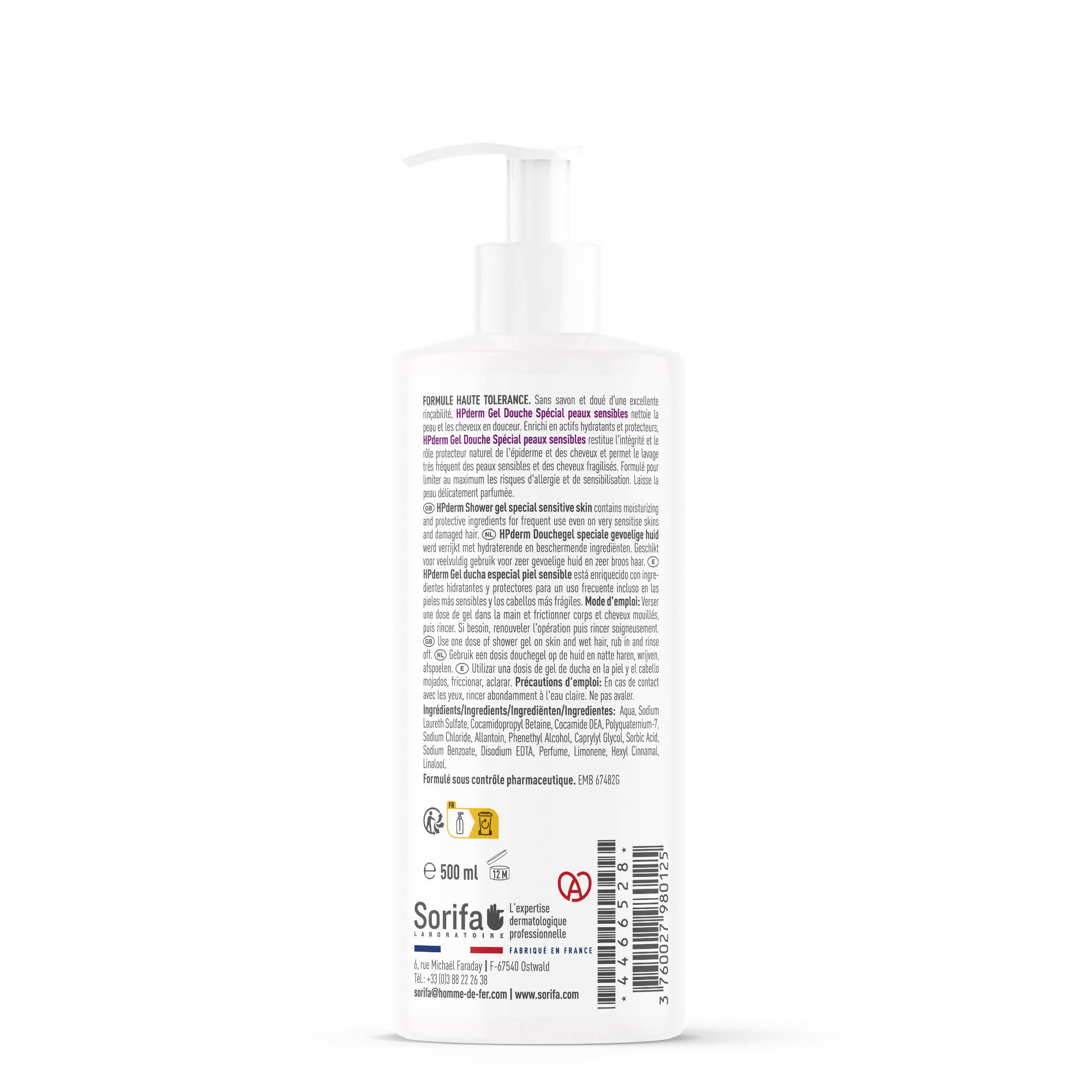 SORIFA - Carton complet de 24 - HPderm Gel douche HAUTE TOLERANCE - 2 en 1 corps et cheveux - Spécial peaux sensibles, peaux tatouées, cheveux fragilisés - Usage fréquent - pH neutre, sans savon - Flacon pompe 500 ml