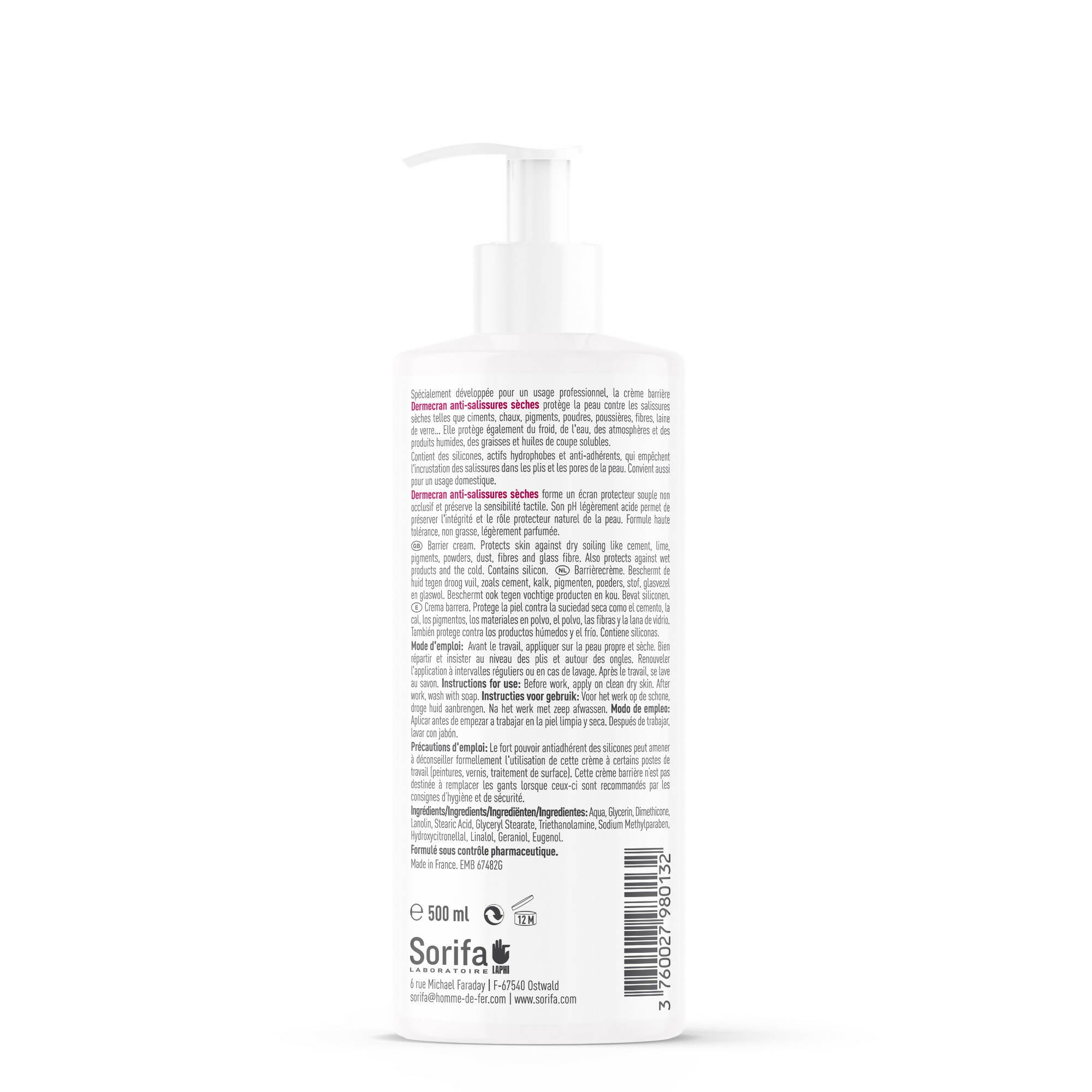 SORIFA - Carton complet de 24 - Dermécran – Crème barrière - Protection ANTI-SALISSURES SECHES – Laine de verre – ciment - poussière – Mains, visage et corps – Haute tolérance – Flacon pompe 500 ml.